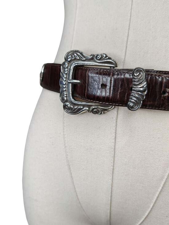 Brighton Women Brown Crocodile Embossed Leather Belt Silver Heart Charms Size M main image 4